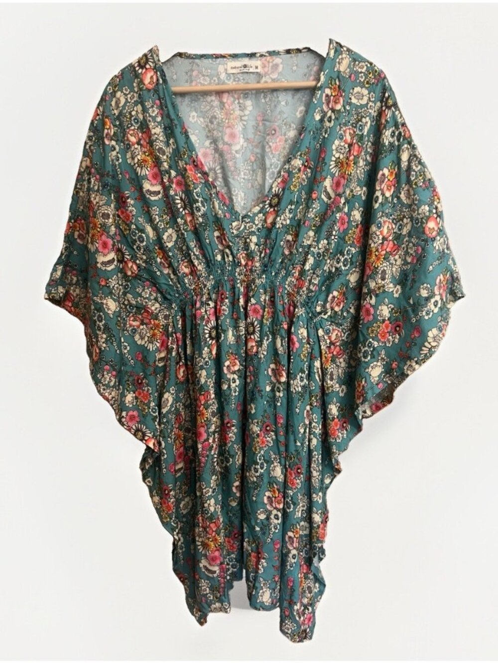 Natural Life Mini Dress Kaftan Watercolor Blue Floral Print Size Medium. W
